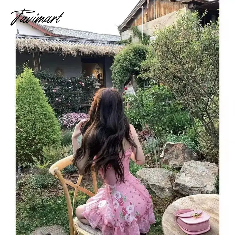 traf Floral Sweet Pink Short Dresses Women's clothing Summer Female Chic High Waist Strap elegant and pretty party dress.