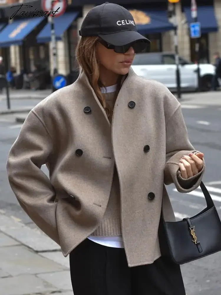 Turndown Collar Solid Jacket Autumn Women Long Sleeve Double Breasted Pocket Street Jackets Casual Female Split Office Outwear