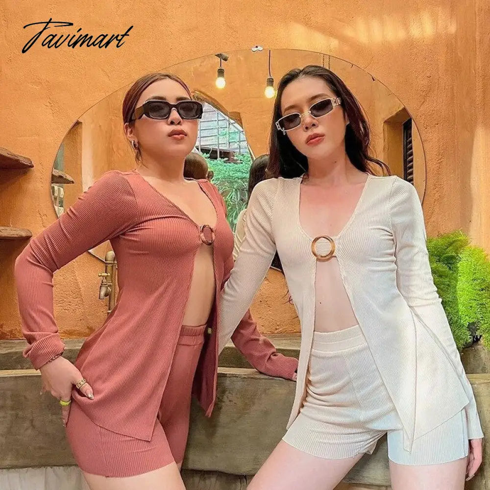Two Piece Set Summer Sexy Outfits Knit Long Sleeve T-shirts And High Waist Shorts Pants Casual Shorts Matching Sets
