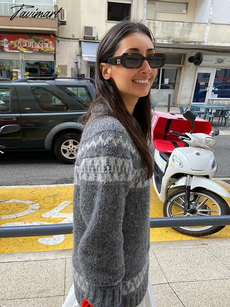 Vintage Autumn Women's Print Oversized Knit Jumper Long Sleeve O-neck Loose Party Pullover Sweater Chic Female Casual Knitwears