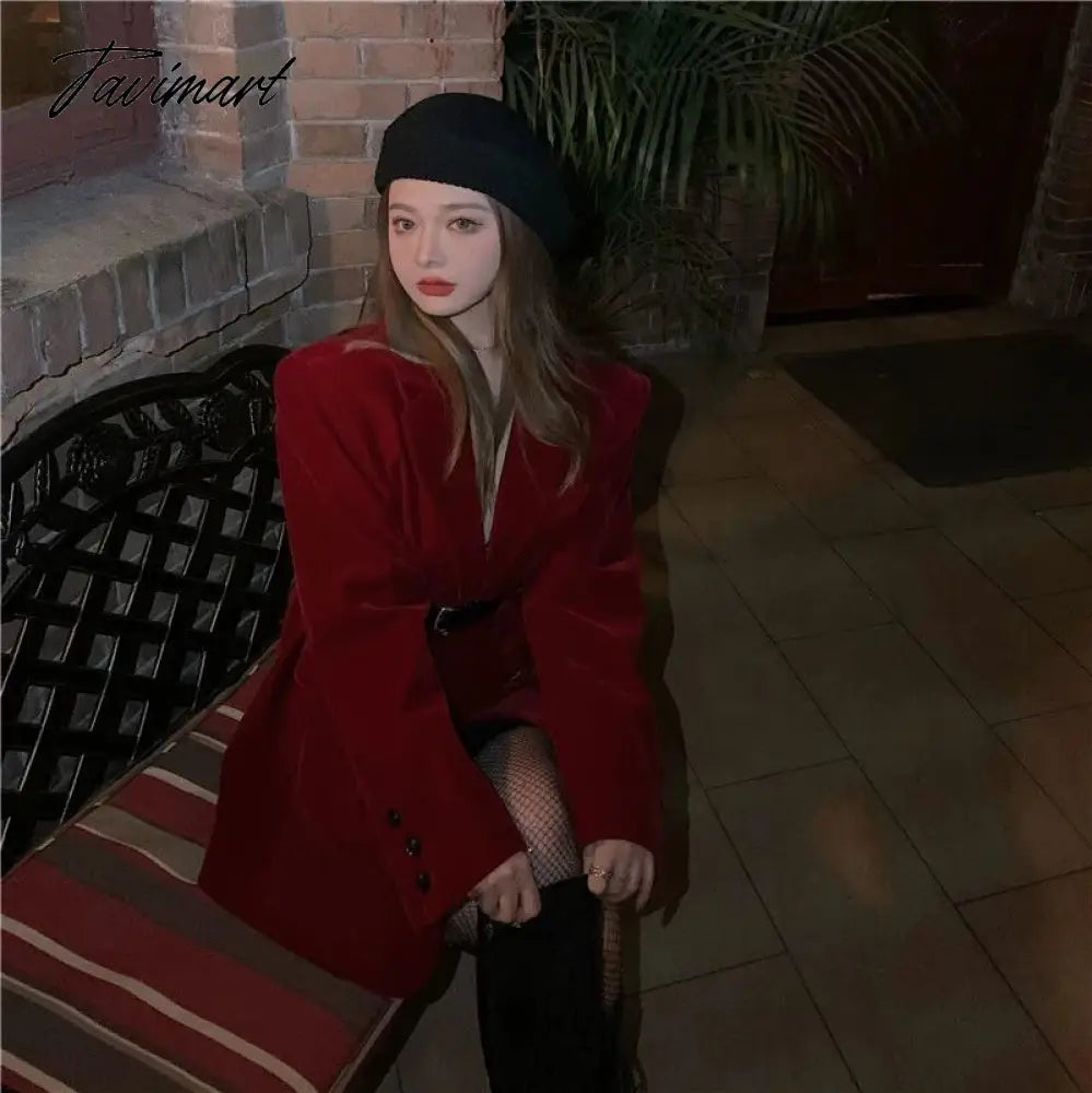 Vintage Blazer With Belt Women Notched Collar Long Sleeve Korean Chic Jackets Casual Female Single Breasted Outerwears