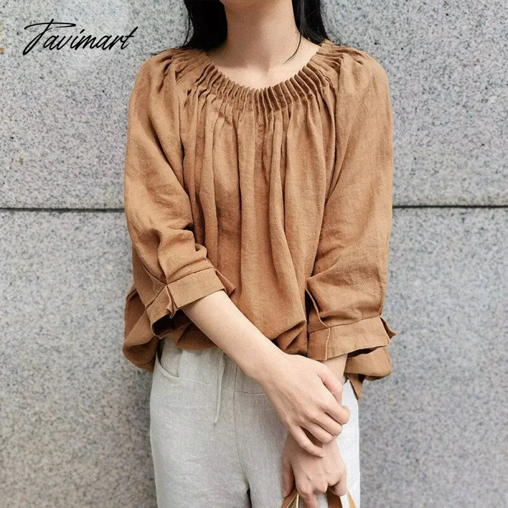 Vintage Cotton Linen Oversized T-Shirt Ruched O-Neck Three Quarter Sleeve Harajuku Fashion Woman Blouses Female Clothing