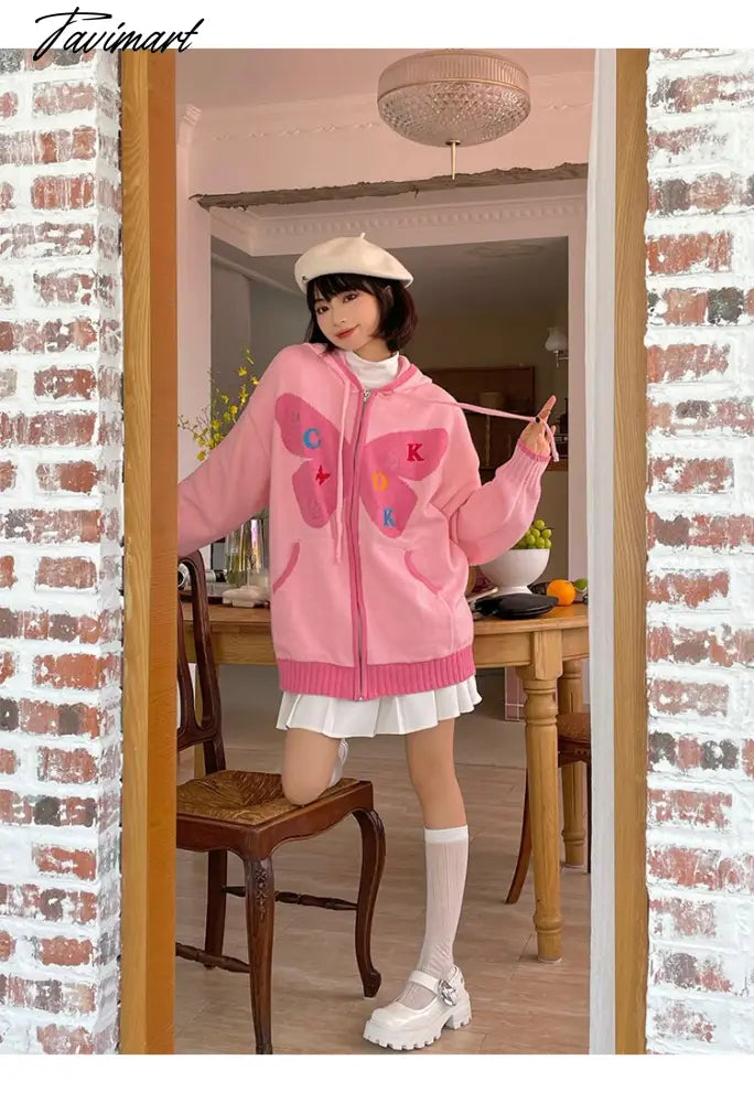 Vintage Cute Sweater Cardigan Women Y2k Harajuku Embroidery Long Sleeve Zipper Hooded Knitted Sweater Preppy Girl Autumn