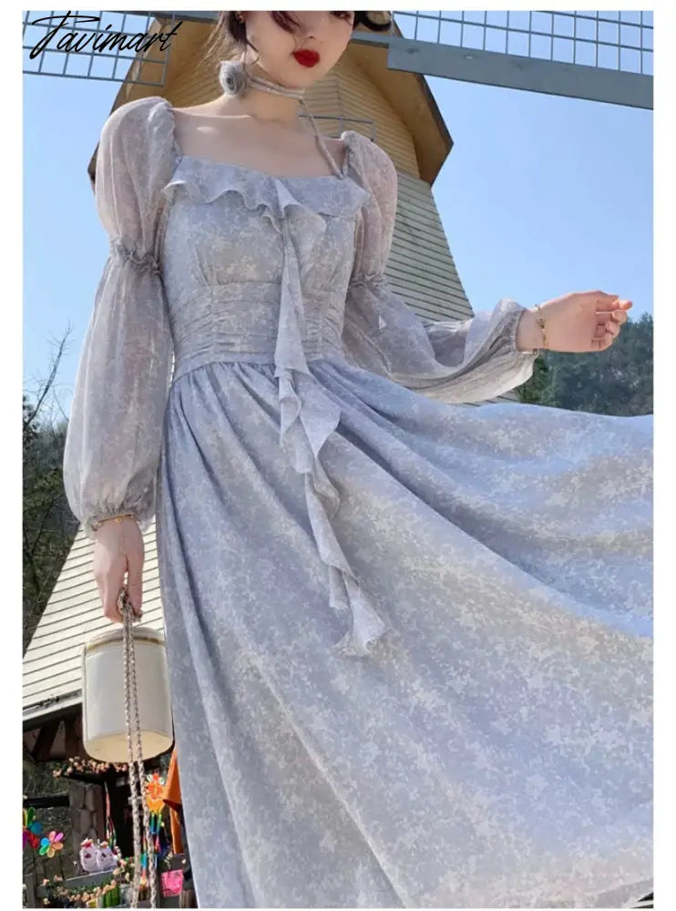 Vintage Green Ruffle Women Fairy Dress Female Square Collar High Waist A-line Midi Party Dress Lday Holiday Beach Dress