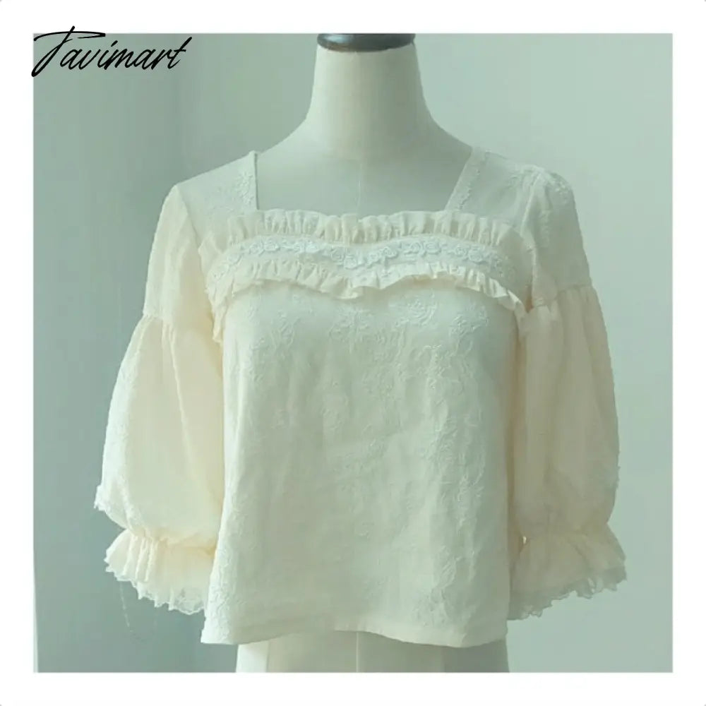 Vintage Kawaii Lolita Shirt Square Neck Half Sleeve Retro Feminine Shirts Summer Yellow Green White Lolitas Top 2xl