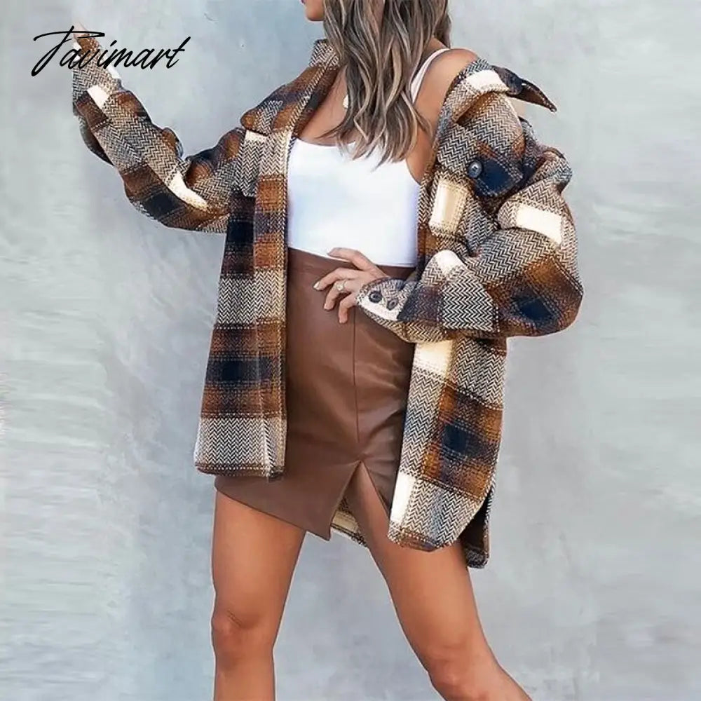 Vintage Plaid Printed Women Coat Casual Long Sleeve Lapel Single Breasted Jacket Ladies Fashion Loose Commuter Pocket Slit Coats