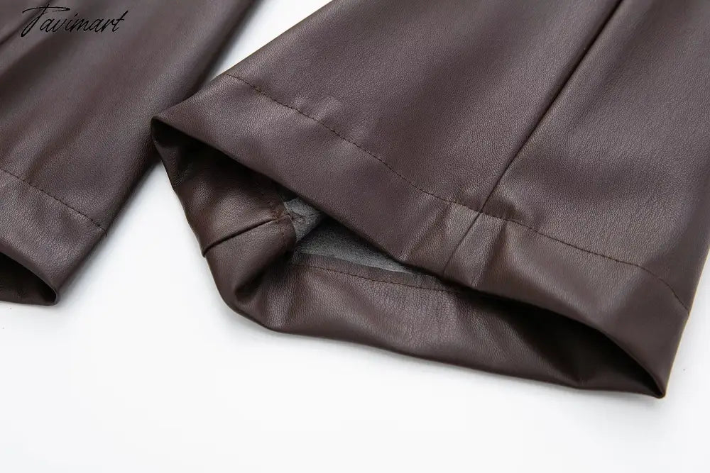 Vintage Pockets Casual Trouser Women Of Side Straight Leather Pants