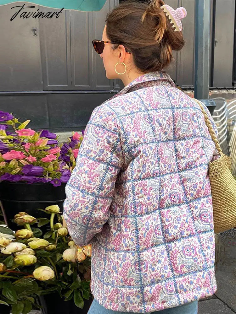 Vintage Printed Flower Cotton Jacket Women Long Sleeve Single Breasted Short Cardigan Autumn Chic Ladies High Streetwear