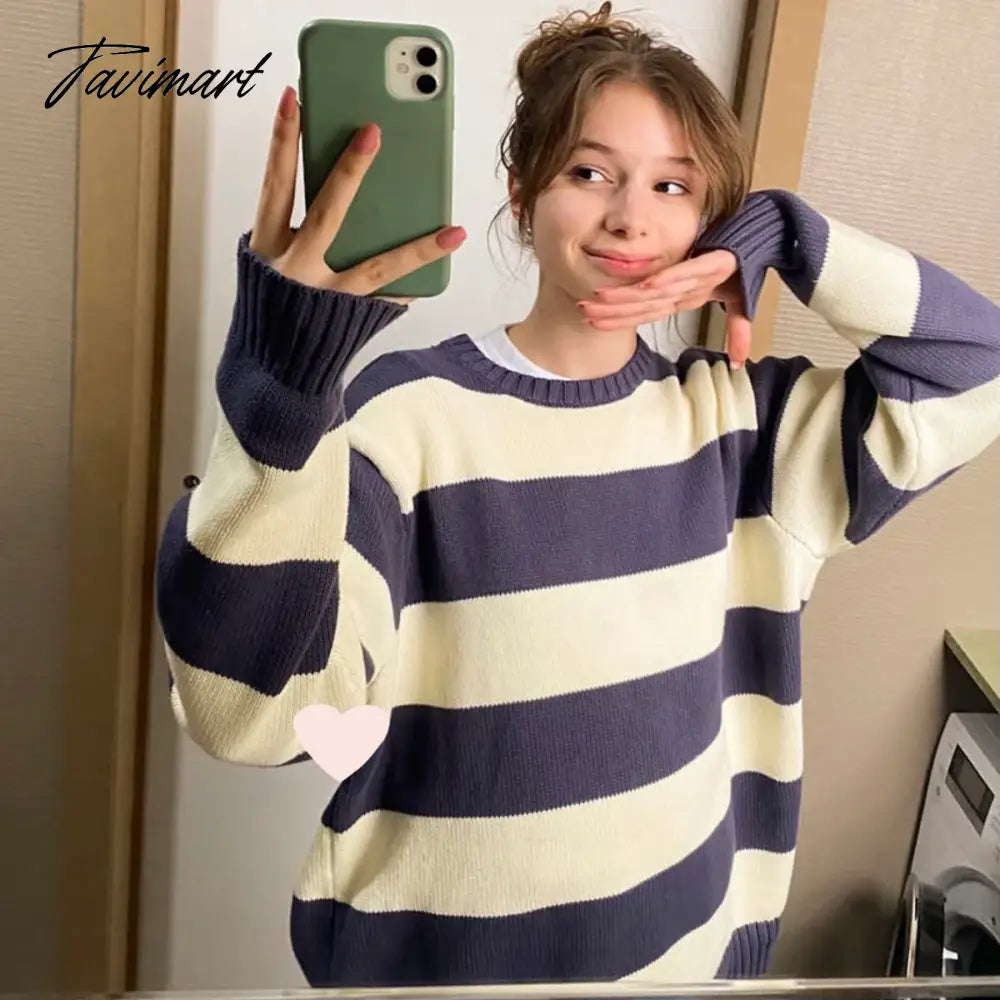 Vintage Women Loose Striped Cotton Pullover Sweaters Autumn Fashion Ladies Streetwear Knitted Tops Girls Chic Knitwear