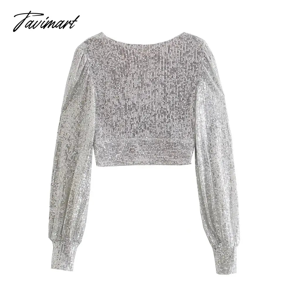 Vneck Blusas Long Sleeve Short Shirt Women Blouse Ins Fashion Blogger England Style Sequins Party Blouse Women And Tops