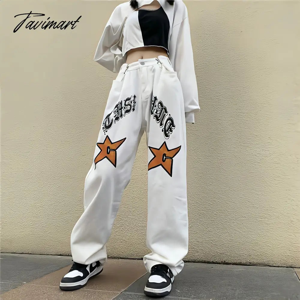 White New Jeans Women Y2k Baggy Hippie Pants Boyfriend Style Vintage High Waist Versatile Straight Leg Mopping Casual Trousers