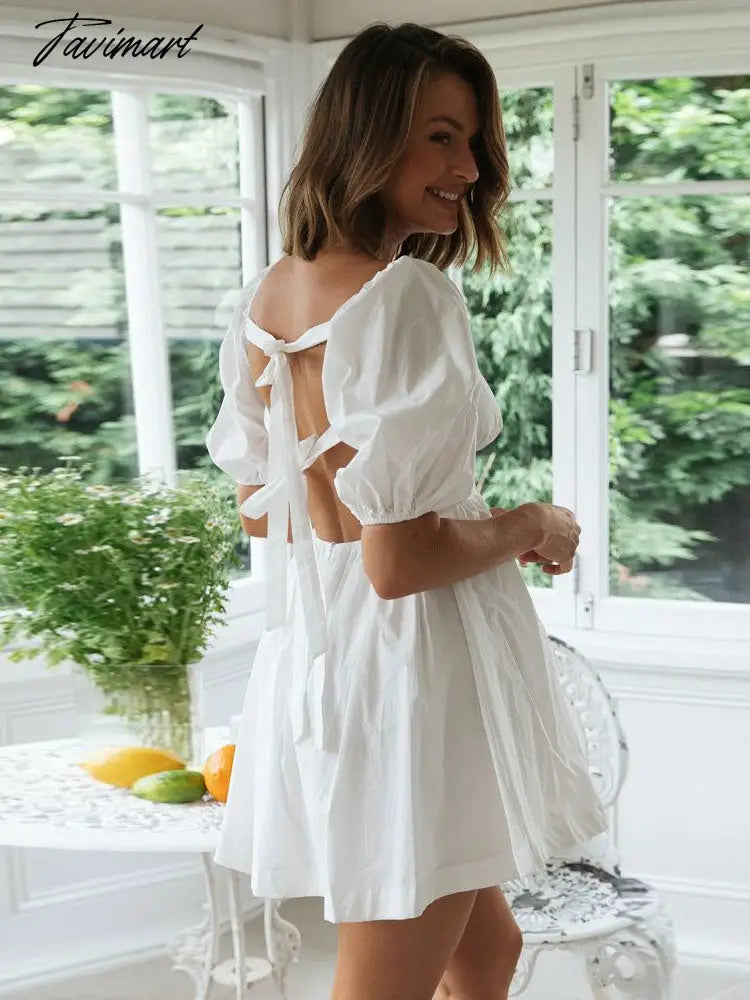 White Puff Sleeve Women Short Dress Spring Summer Holiday Casual High Waist Mini Dress Casaul Ruffle Vestidos A1073