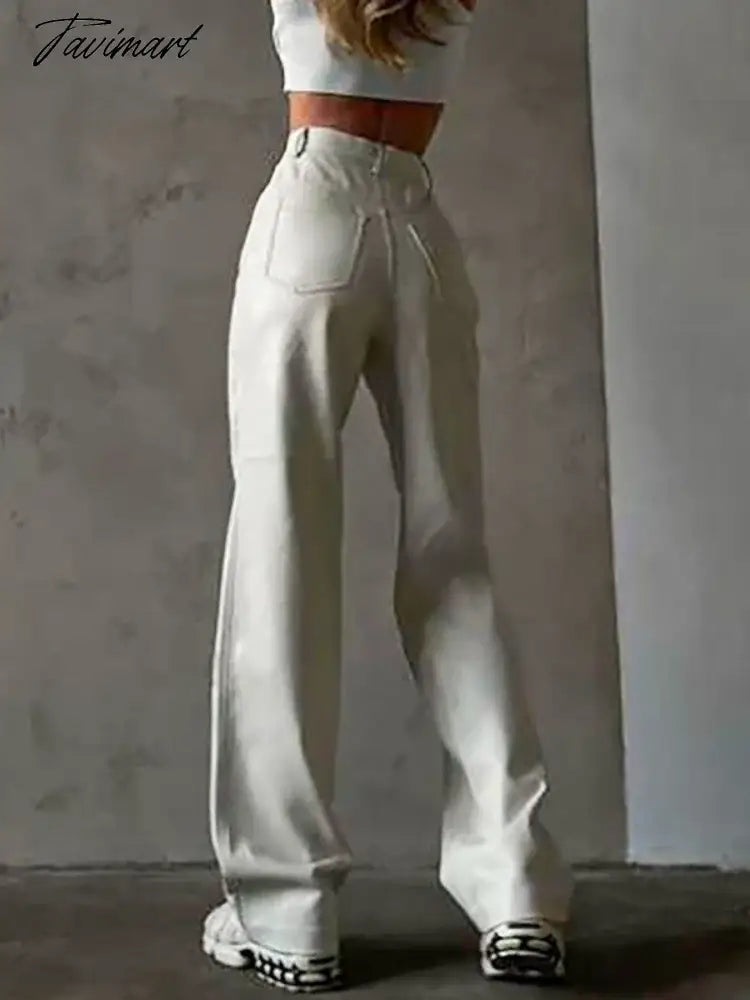 White Winter Women's Leather Pants Button Classic Leather Trousers Tight PU Long Faux Leather Pants for Women Flare Pants