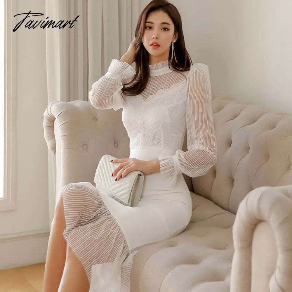 Winter New Mesh Stitching Lace Lantern Sleeve Fishtail Dress Elegant Office Chic Simple Korean Party Women Dresses