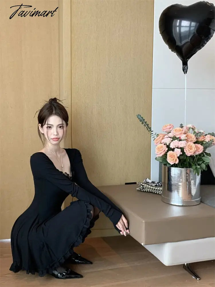 Winter Party Dress Women Korean Fashion Lace Designer Sweet Mini Dress Ladies Patchwork High Waist Chic Slim Dress