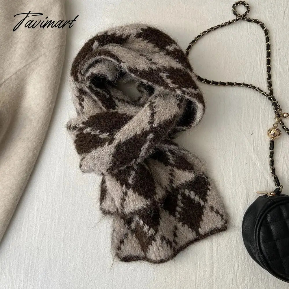 Winter Wool Blended Rhomboid Lattice Scarf Women Checkered Scarf Knitted Versatile Korean Edition Japanese 180*35cm Long Scarf