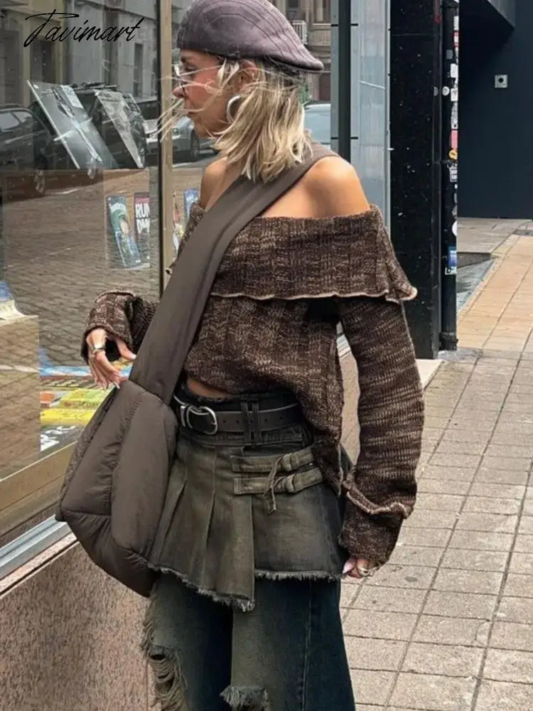 Woman Solid Off Shoulder Pleated Sweater Autumn Chic New Long Sleeve Knit Pullover Casual Lady High Streetwear Party Jumper