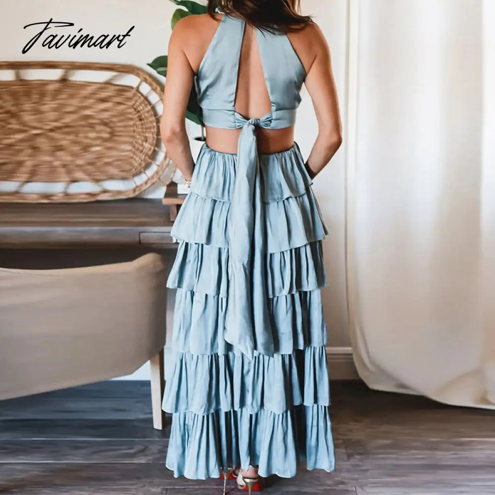 Women Chic Sleeveless O-neck Party Dress Fashion Solid Formal Occasion Dress Sexy Lady Backless Hollow Layered Dresses