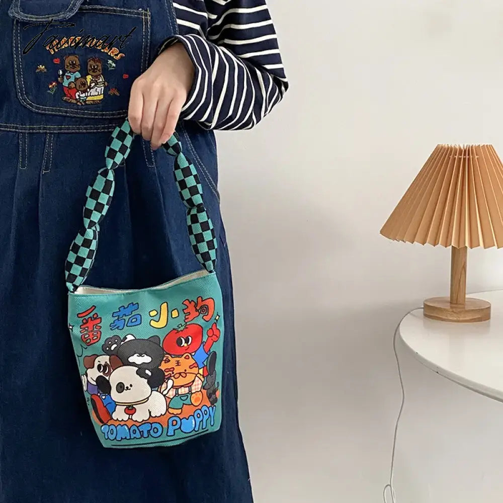 Women Cotton Bucket Shaped Shoulder Bag Magnetic Buckle Tote Female Animal Cartoon Pattern Hand Carry Canvas Bags