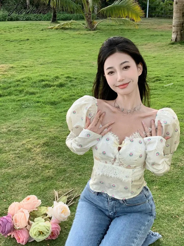 Women Elegant Bodycon Chic Mini Tops Beach Sexy Party Floral Blouse Female Lace Korean Boho Holiday Chiffon Blouse Summer