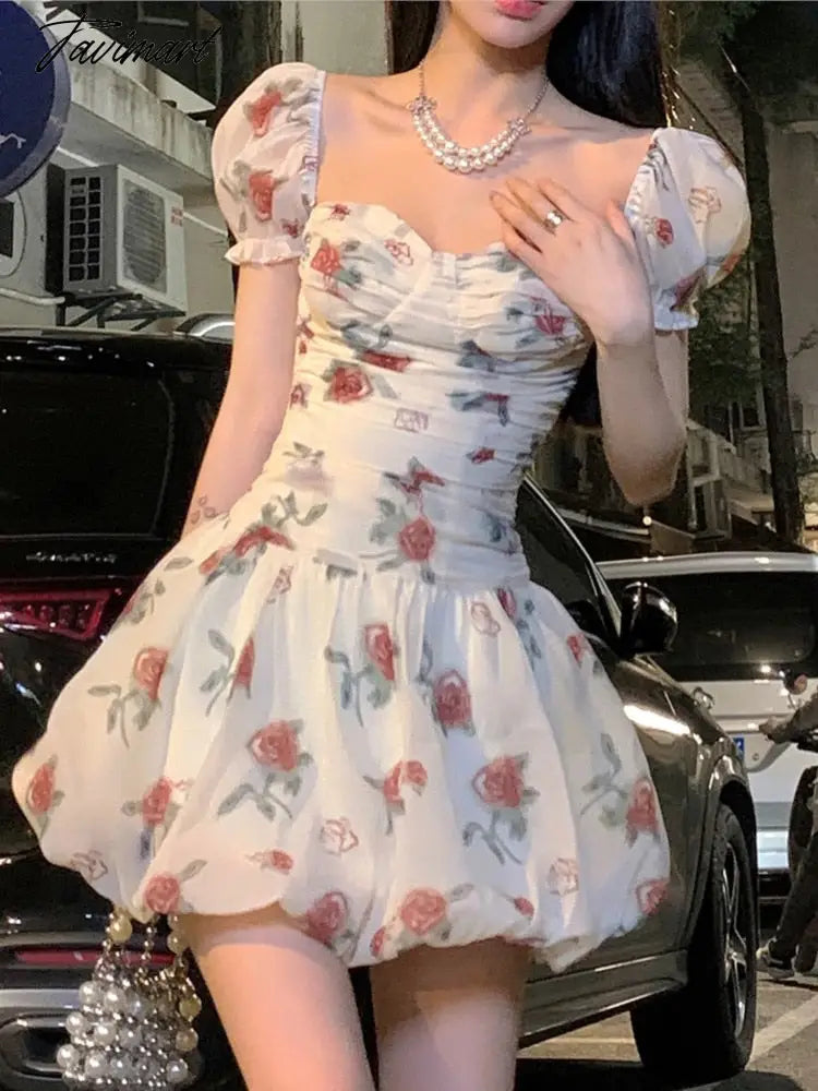 Women Elegant Floral Print Y2k Mini Dress Summer Sweet Puff Slevee Slim Cute Party Dress Female Holiday Beach Dress