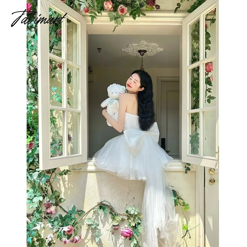 Women Elegant Off Shoulder Patchwork Tutu Party Dress Summer Blue White Mesh Slim Sweet Ballet Dress Female Wedding Dress