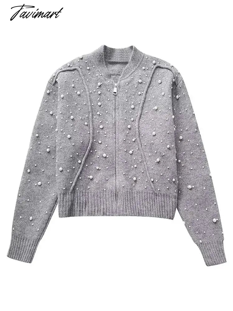 Women Fashion Pearl Knit Flight Jacket Chic Round Neck Long Sleeve Zippered Short Coat Autumn Lady Elegant Knitwear