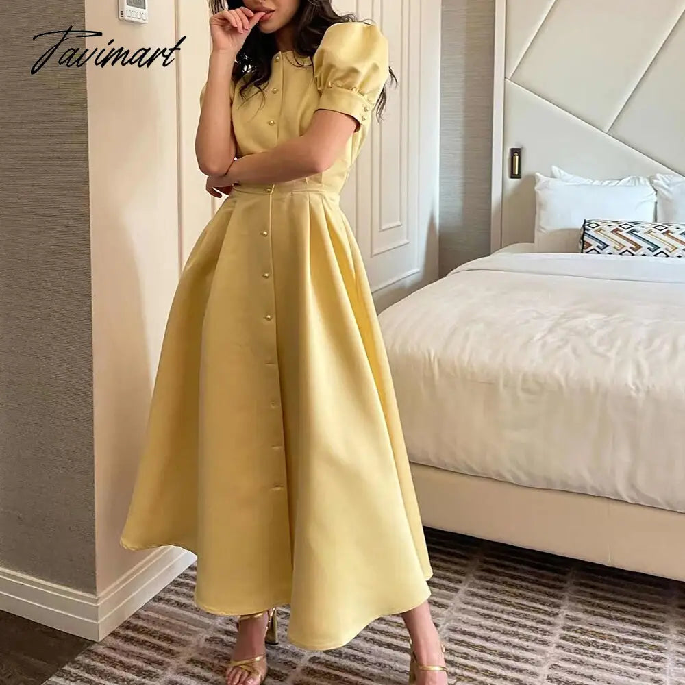 Women Fashion Slit Dress Elegant Puff Sleeve Dress Summer Casual O Neck Single Breasted Long Dress Female A-line Outwear Dress