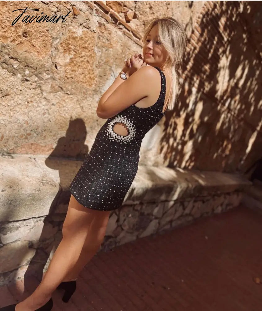 Women Fashion with Pearl Beads Hollow Out Tweed Sexy Dress Vintage Backless Zipper Wide Straps Female Dresses Vestidos