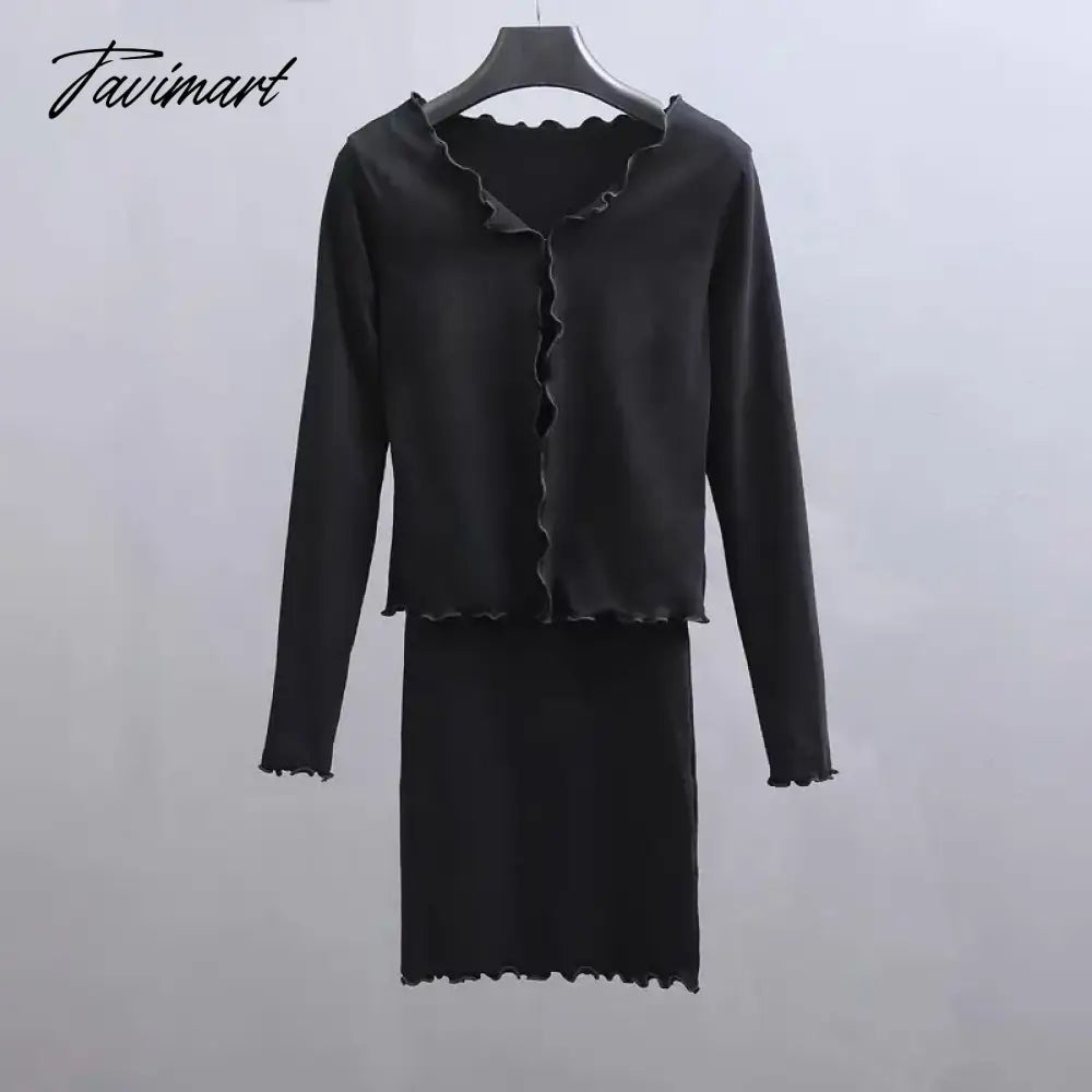 Women Frill Trimming Tank Mini Dress with Frill Trimmed Open Stitch Top Two Pieces