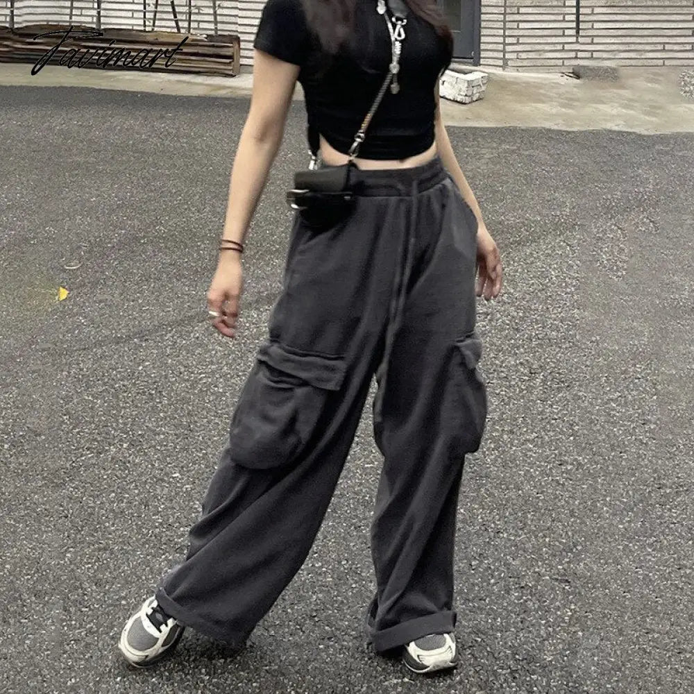 Women Harajuku Loose Cargo Pants Fashion Grey Color Elastic Waist y2k pants with big Pockest roupas femininas streetwear Pants
