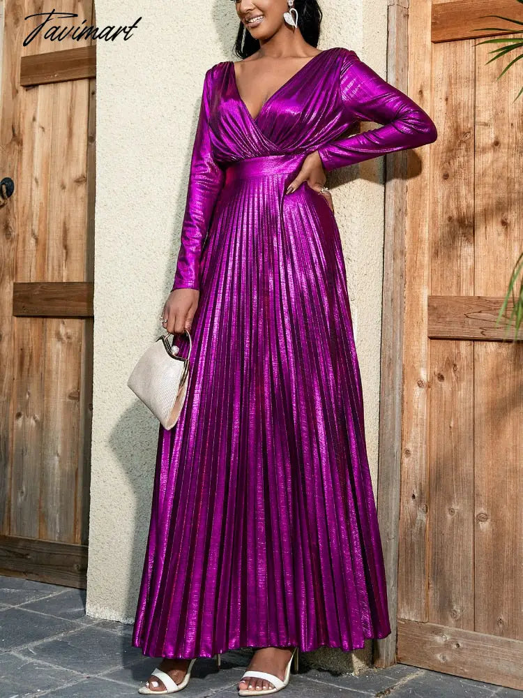 Women Long Sleeve Backless Evening Dresses Sprakly Wrapped V Neck High Waist Ruched Pleated Dress Fuchsia Gold Party Night Out