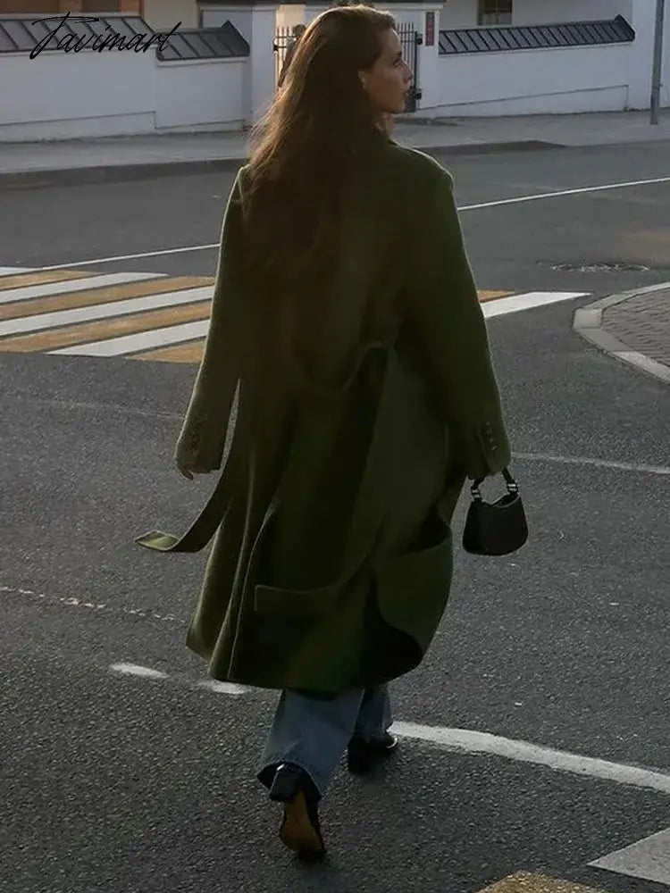 Women Long Woolen Blends Overcoats Coat Fashion Belt Single Breasted Lapel Autumn Winter Warm Lady High Street Windbreaker