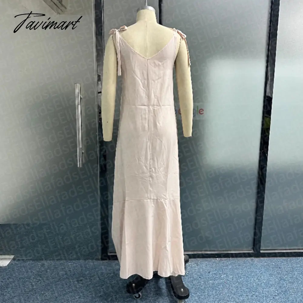 Women Maxi Dress Summer Casual Solid Sleeveless V Neck Lace Up Loose Vacation Beach Dresses High Streetwear