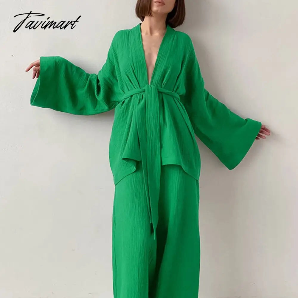 Women Pajamas Solid Color Cotton Breathable Sweat Clothes Tie-Up Two Piece Set Autumn French Loose Nightgown Trousers Suits