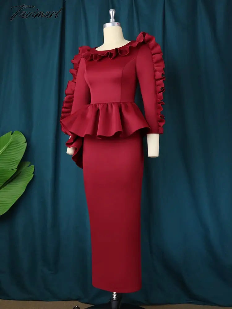 Women Red Party Dresses Lovely Ruffled Neck 3/4 Sleeve Peplum Waist Long Dresses Formal Evening Dinner Wedding Guest Gowns