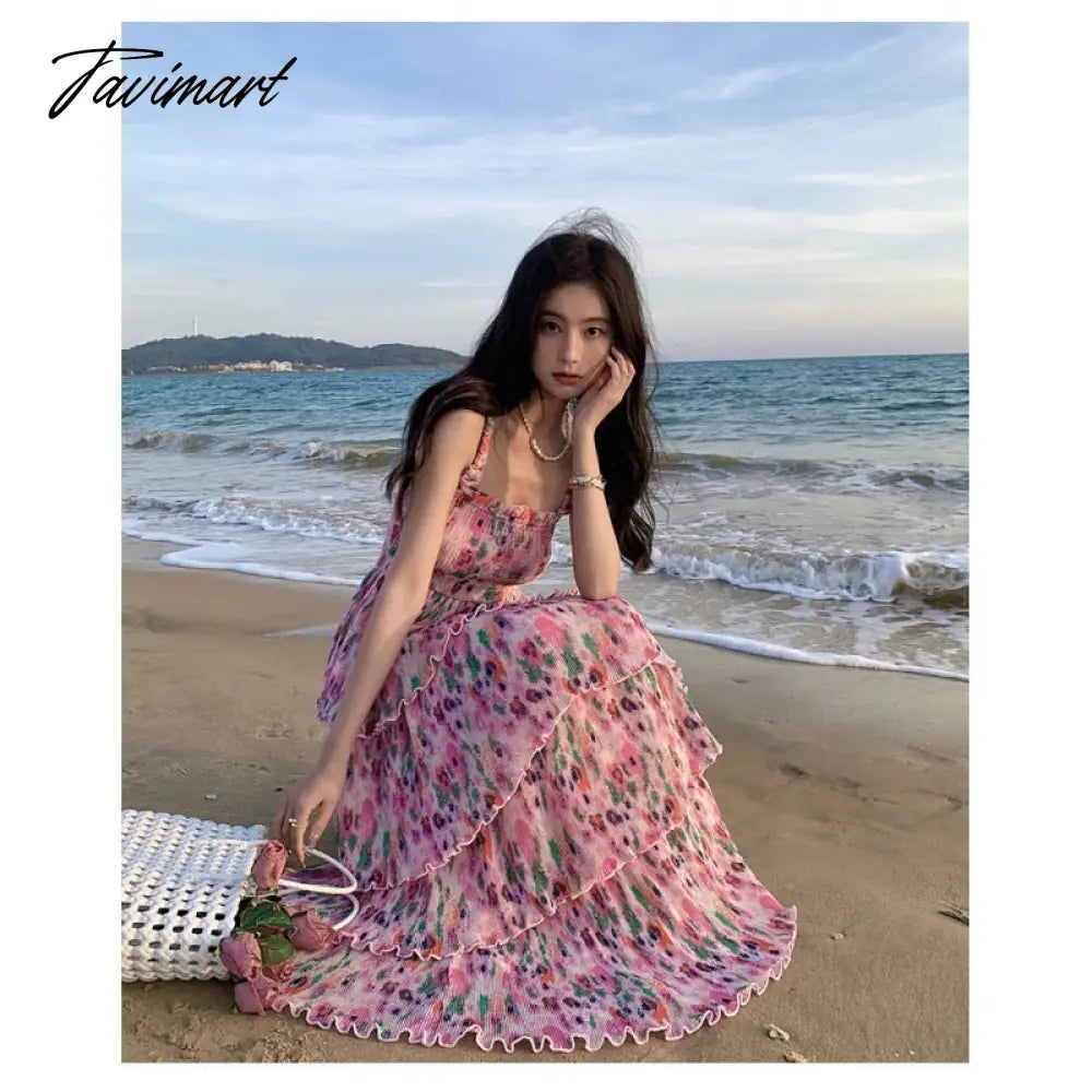Women's Beach Dress Summer French Style Super-Fairy Floral Strap Dress Seaside Vacation Pettiskirt