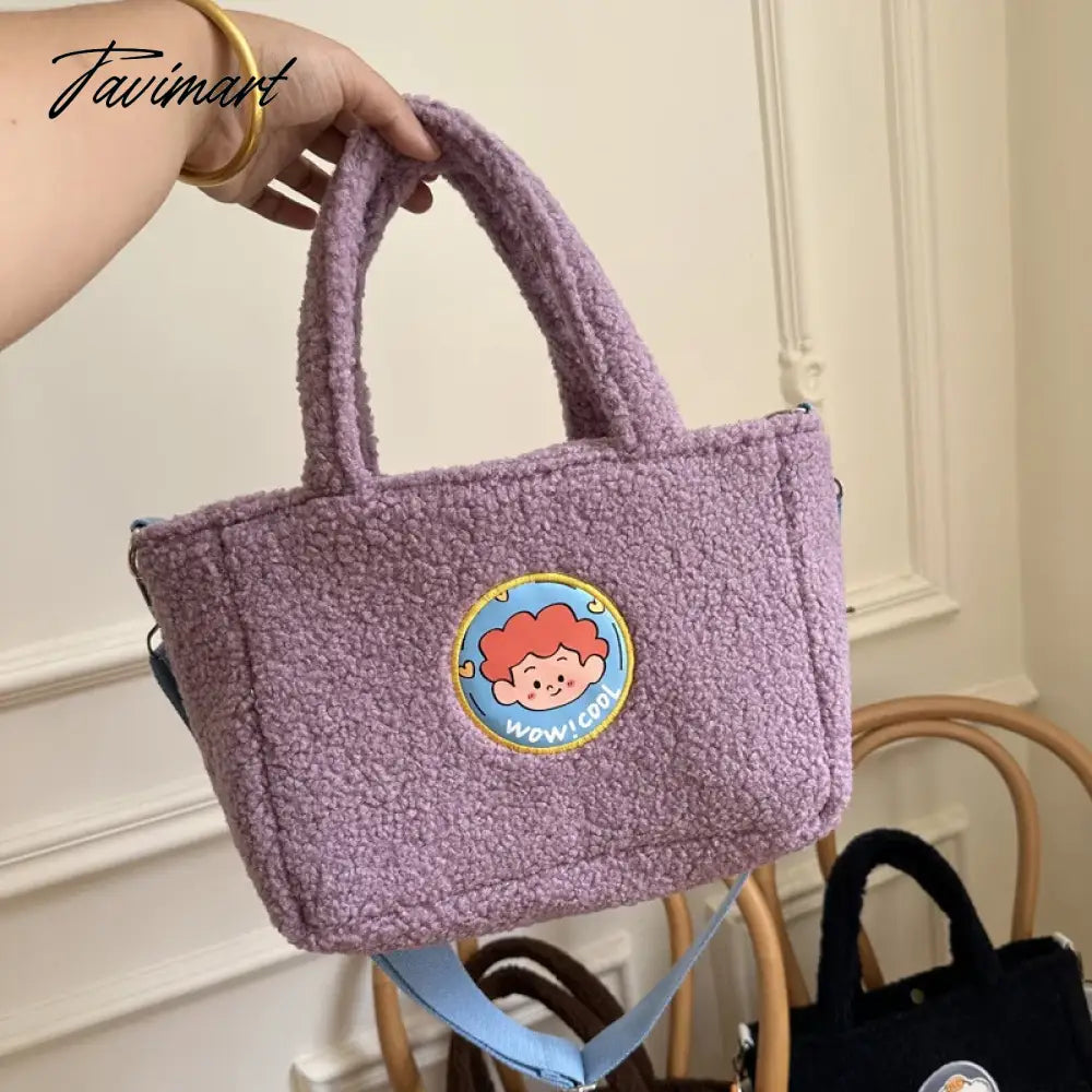 Women's Cartoon Lamb Down Shoulder Bag Large Capacity Crossbody Bags Plush Cute Handheld Tote Trendy Handbag