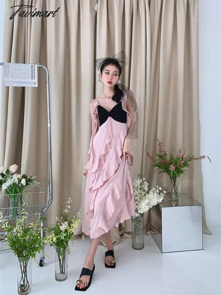 Women's Clothing Dress Tea Break French Kikyo Small Fragrance Royal Sister Skirt Sexy Spicy Girls Black Pink Splice Sling Dress