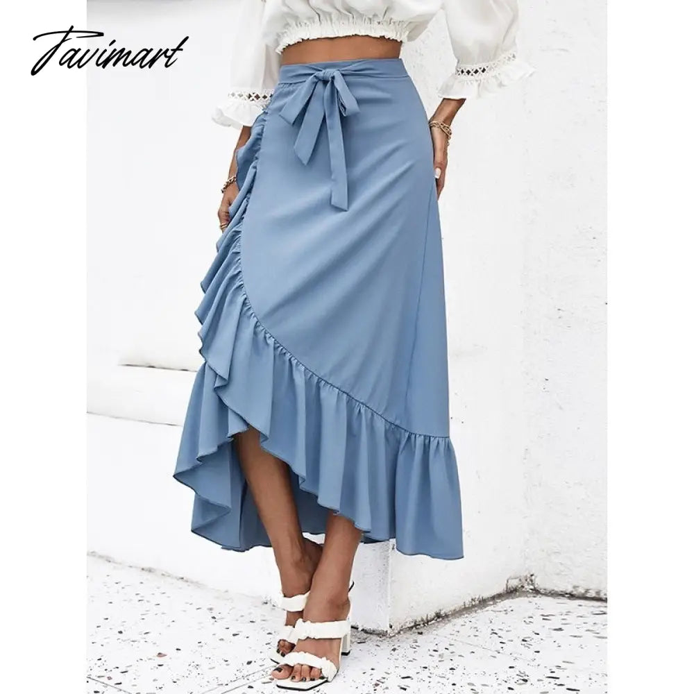 Women's Clothing Skirts Blue Solid Color Spring Autumn Skinny Skirt Lace Up High Waist Ruffle Hem Midi A-line Skirt