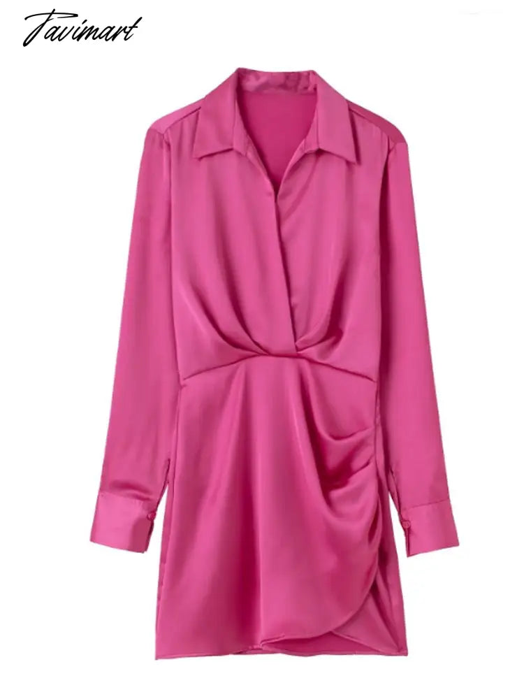 Women's Lapel Collar Satin Shirt Dress Long Sleeve Mini Slim Dress Office Women's Silk Satin V Neck Elegant Casual Pink Party