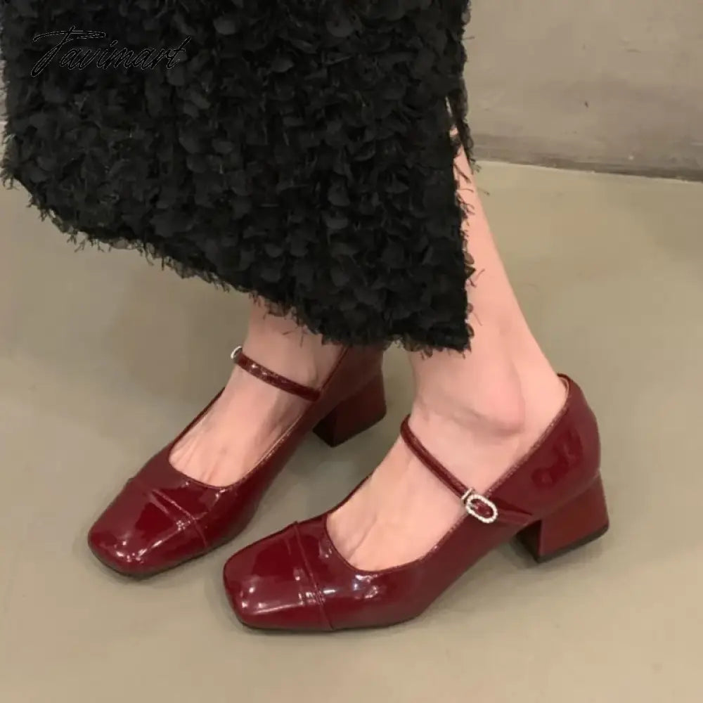 Women's Mid Heels Pumps Square Toe Patent Leather Mary Janes Shoes Silver Red Black Basic Pumps Spring Autumn for Woman 1734N