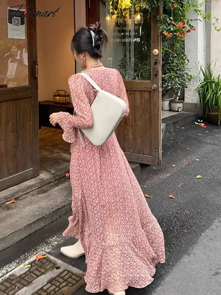 Women's Summer Beach Maxi Dresses Women's Floral Boho Long Chiffon Dress Ruffle Wrap Casual V Neck Slit Sexy Party Dress Robe