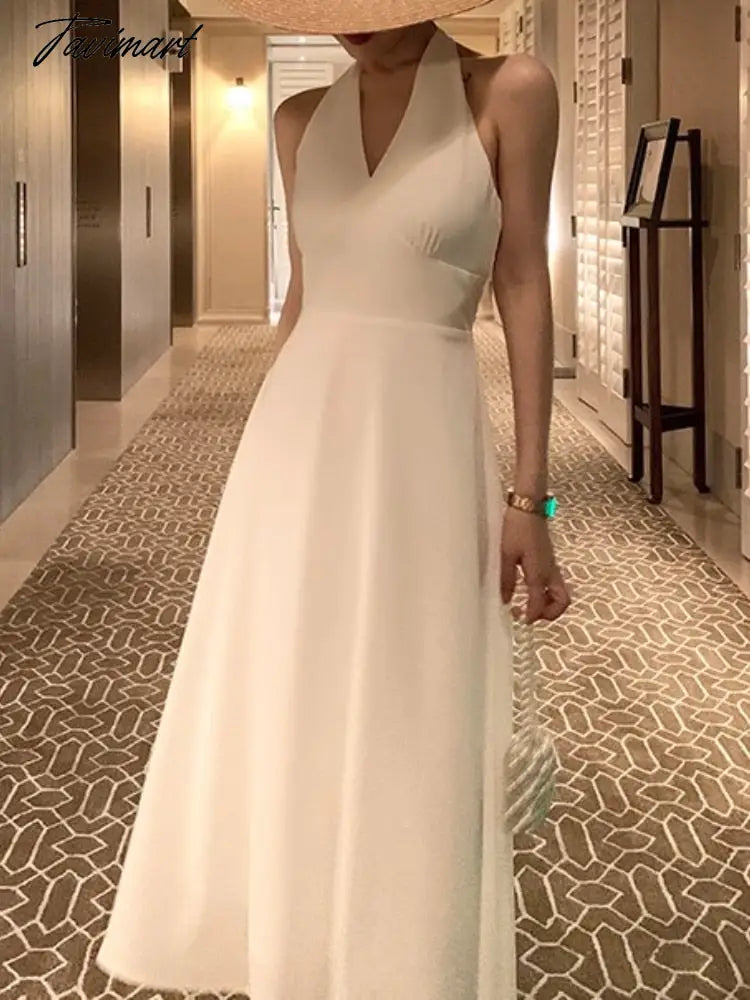 Women's Summer Casual Halter Midi White Dress Sleeveless A-Line Rose Elegant Party Vestidos Female Fashion Outerwear Clothes