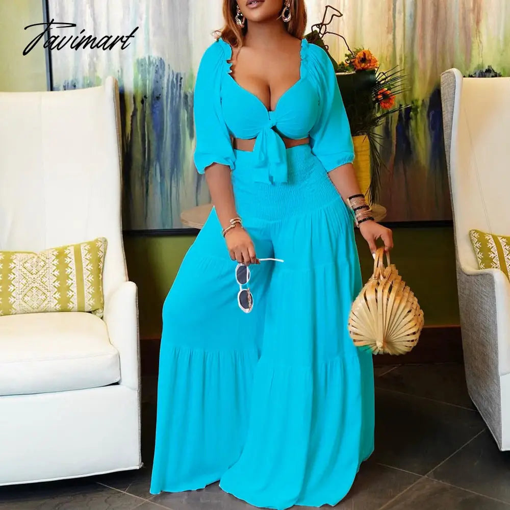 Women's Summer Casual Loose Vintage Boho Solid Crop Top + Commuter Wide Leg Pants Suits Two Piece Set Lady Fashion Outfits Femme
