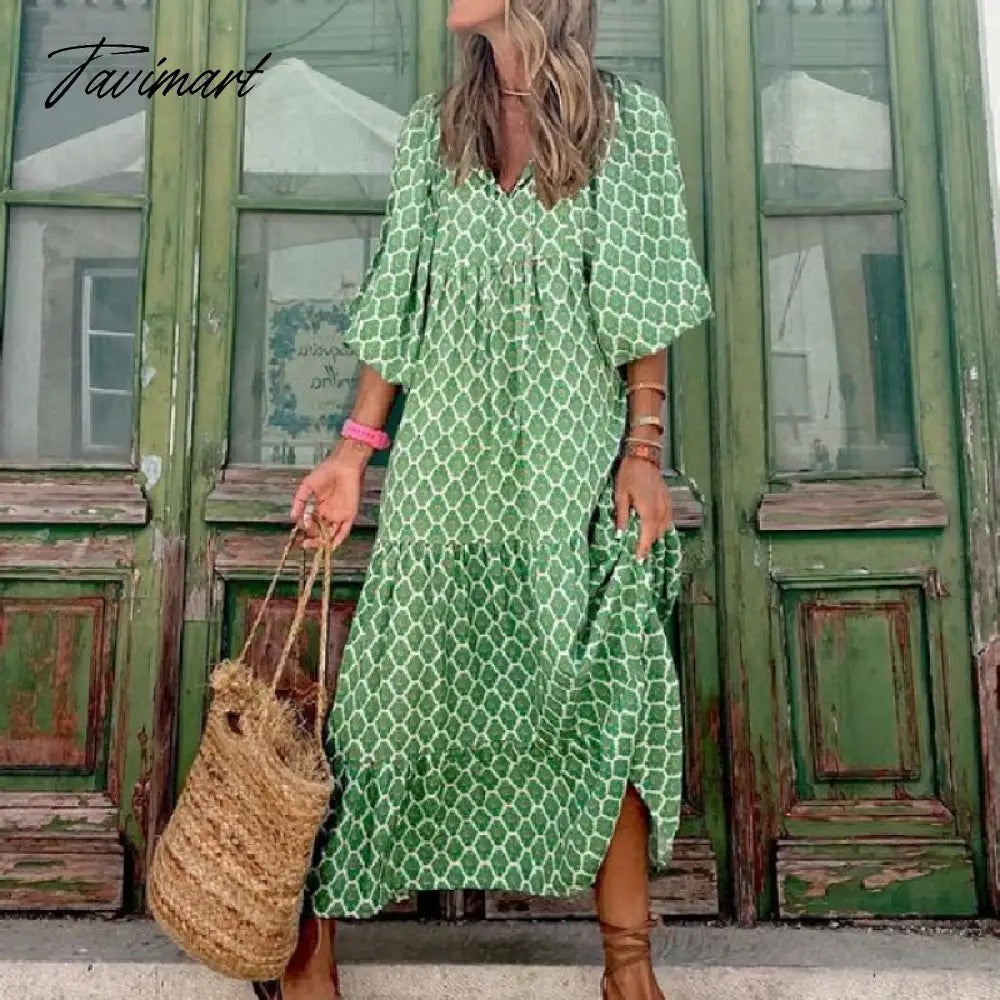 Women's Summer Casual Maxi Dress Bohemian Floral V Neck Puff Short Sleeve Beach Tiered Sundress Long Swing Dress