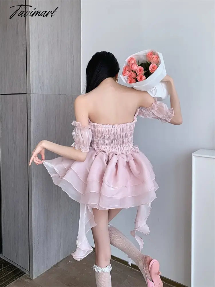 Women's Wear Chest Wrapping Dress Romantic Retro Girl Pink Princess Poached Puffy Skirt Chic One-length Neck Off-shoulder Dress