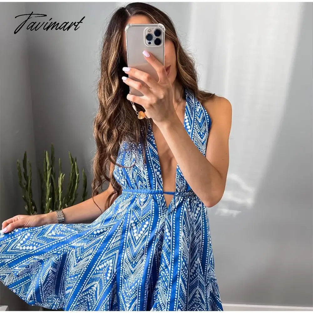 Women Sexy Halterneck Backless Lace Up Printed Short Dress Elegant Ruffled Mini Skirt Summer New Fashion Party Beach Dress