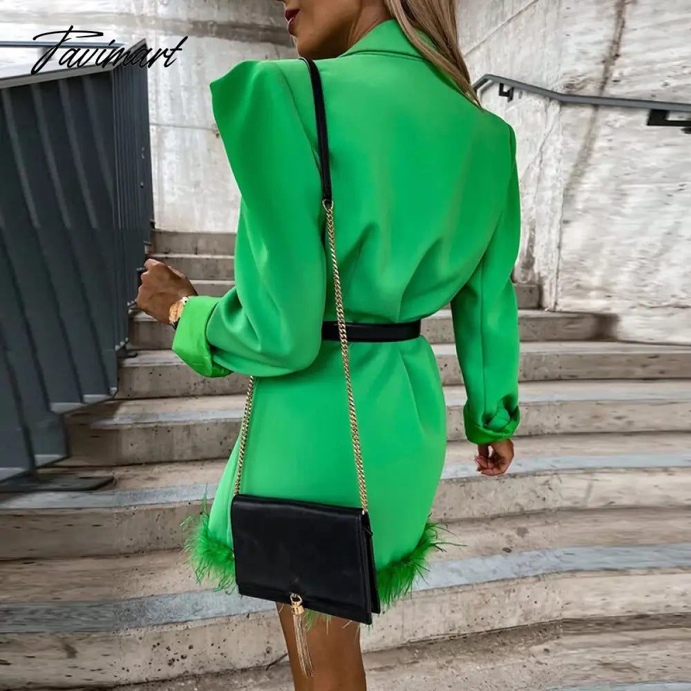 Women Sexy Patchwork Feather Jackets Winter Fashion Temperament Double-Breasted Suit Casual Long Sleeve Commute Blazer Coat