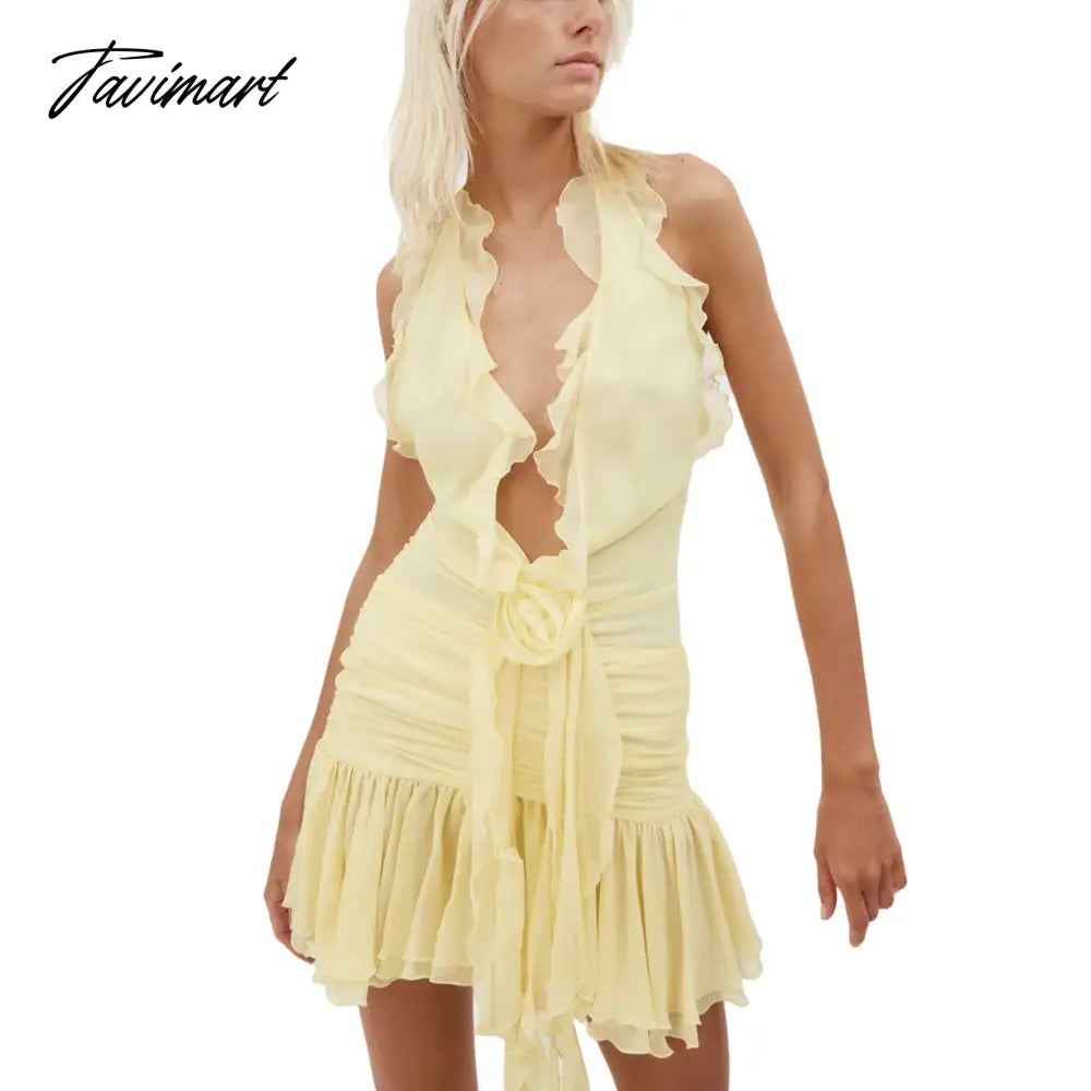 Women Sleeveless Halterneck Dress Summer Ruffled Flower Ruched Cocktail Party Dress with Tassels for Club Streetwear
